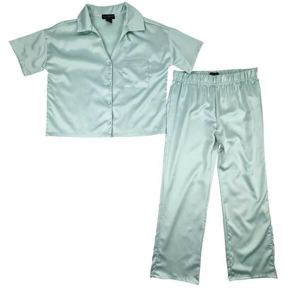 House of Harlow 1960 Women's Satin Pajama Set Seafoam Green Small Pearl Button - Picture 1 of 16